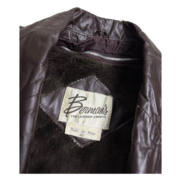 BERMANS Vintage Leather Fur Lined Retro 80s Brown Leather Parka Coat Mens Large - Picture 4 of 8